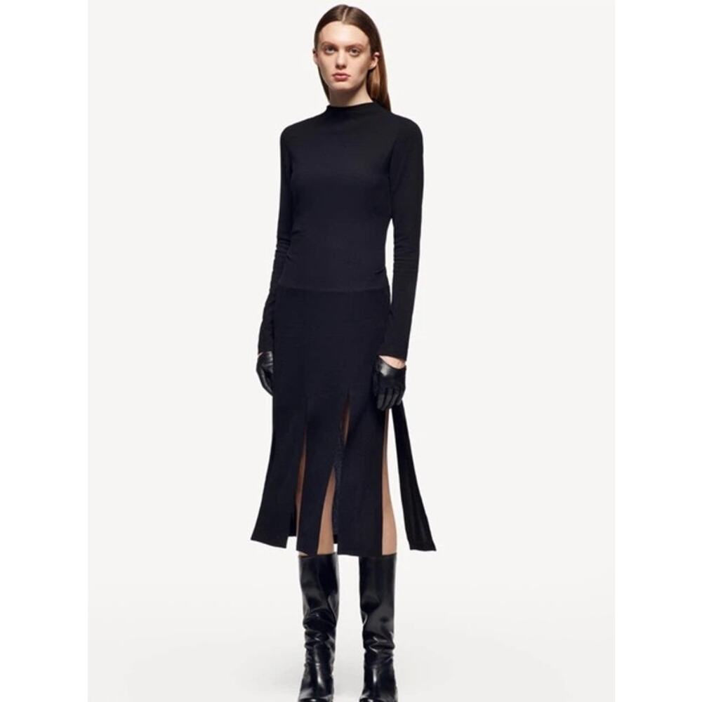 Zara Women's Black Long Sleeve Fringe Hem Mock Neck Midi Dress Size Large
